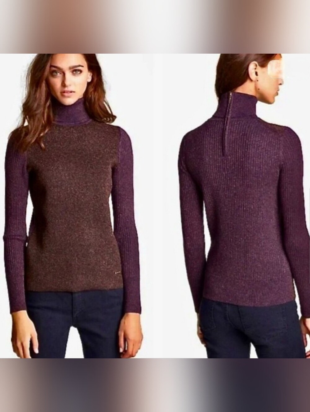 Tory Burch Purple Turtleneck Rib-Sleeve Women's Sweater